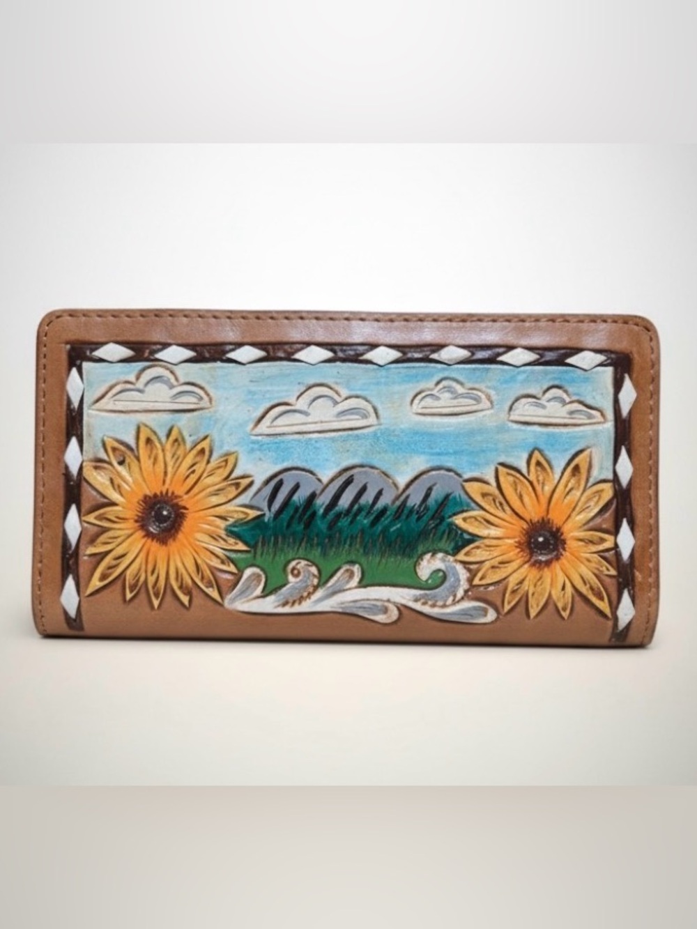 Olay Genuine Leather Sunflower Brown Hand tooled and Painted Trifold Wallet